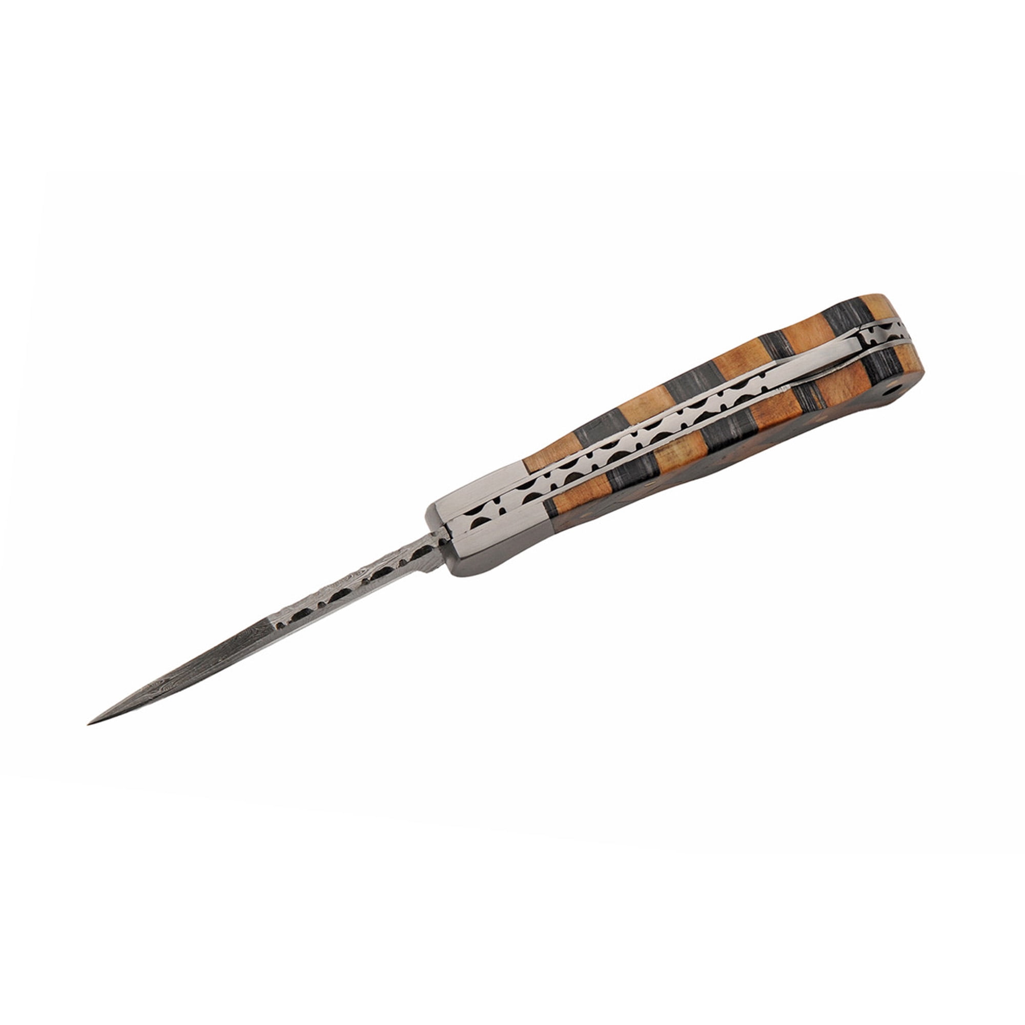 SANZ Forge & Midnight 3.75 Inch Folding Utility Knife with Damascus Pattern Blade and Wood Handle