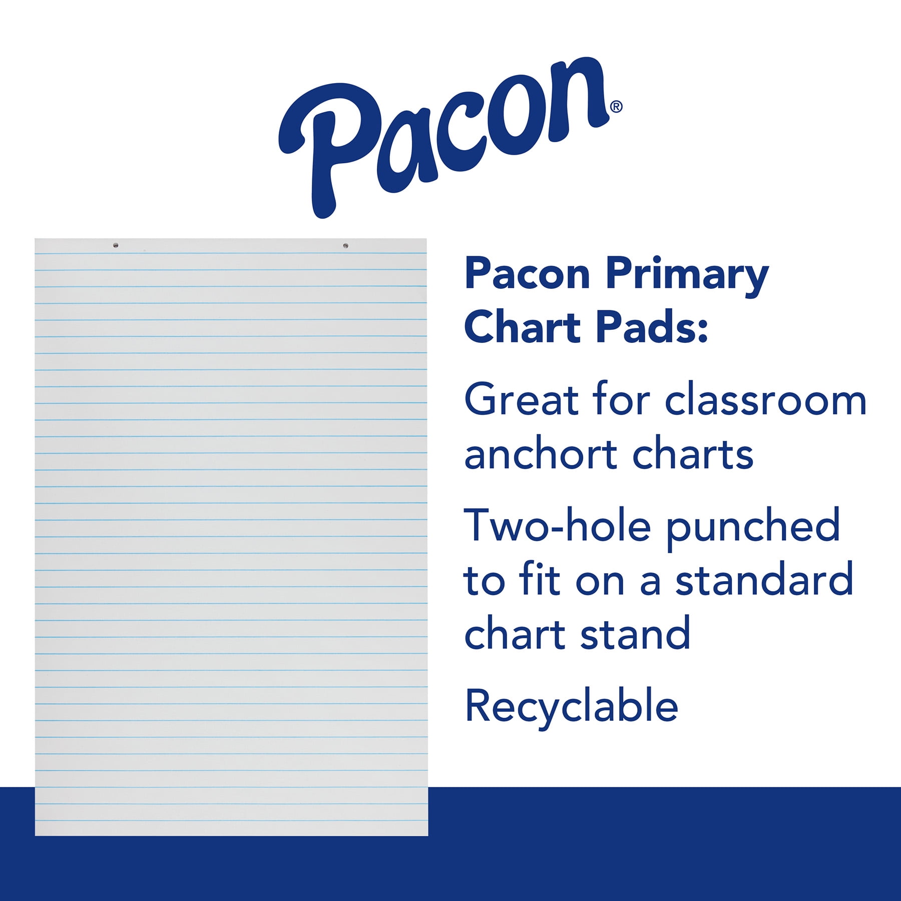 Pacon Primary Chart Pad, White, 1" Ruled Short Way, 24" x 36", 100 Sheets