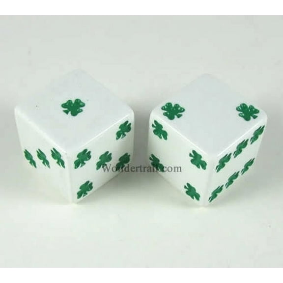 White Lucky Dice with Green Clovers D6 25mm (1in) Pack of 2 Koplow Games