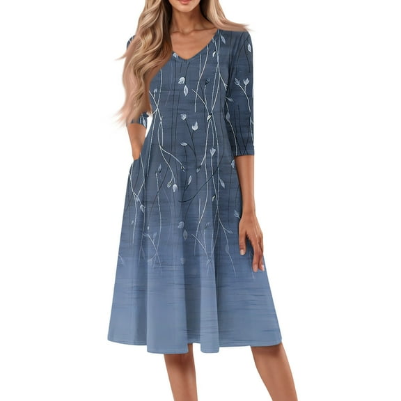 WTOBBY Women's Casual Floral Print V-Neck 3/4 Sleeve Midi Dress, Modern Digital Pattern Sundress with Comfortable Fit for Daily Activities,Blue L
