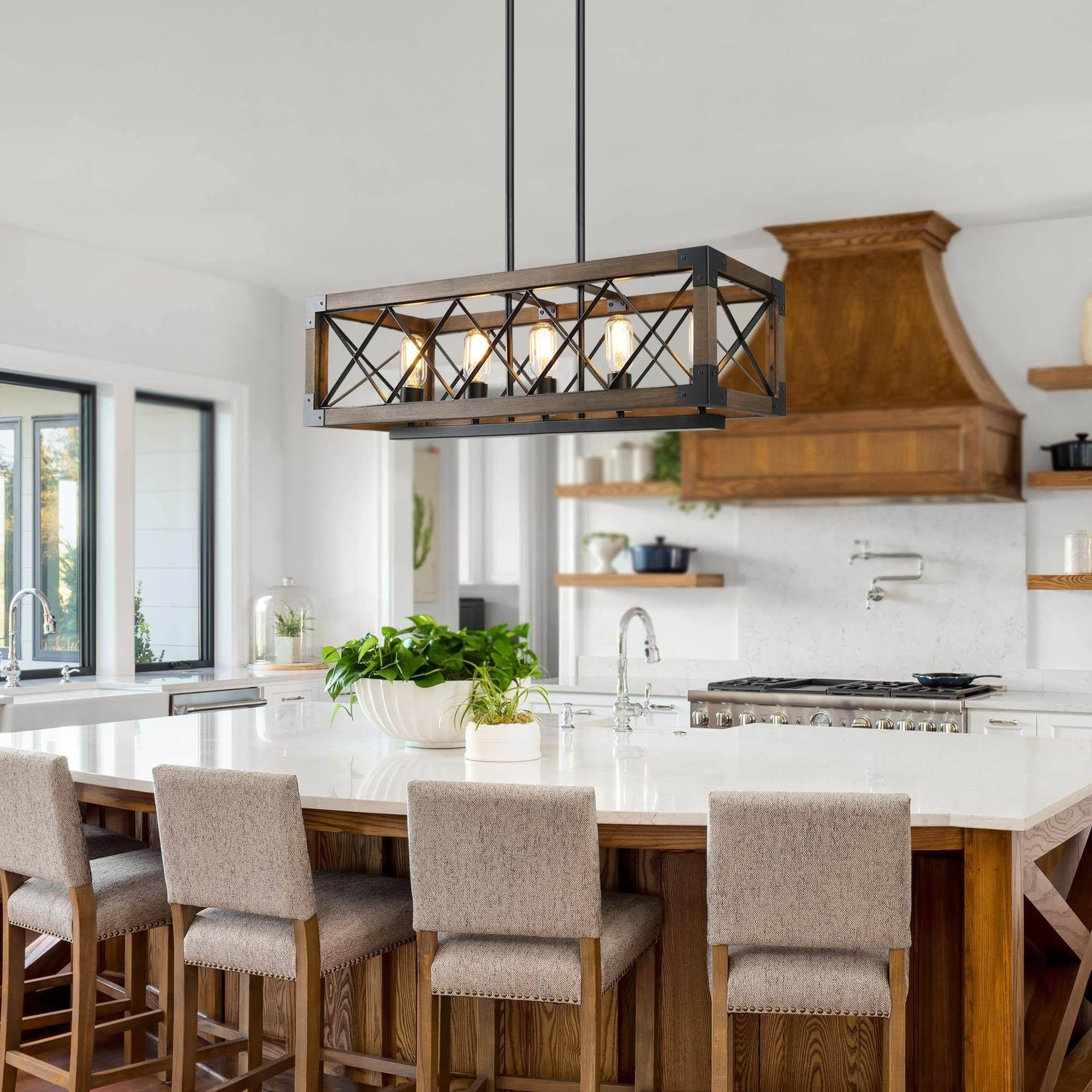 LNC 5-Light Wood and Black Metal Farmhouse Rectangular Kitchen Island Chandelier