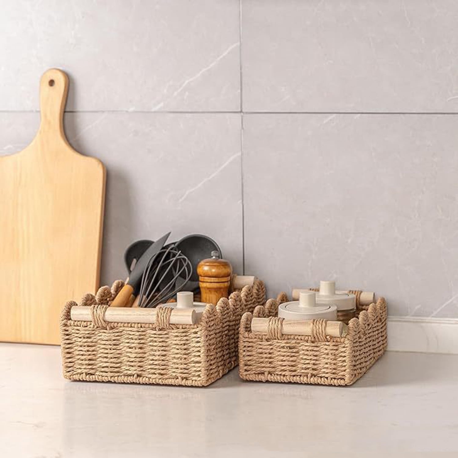 HuaArt 2 Pcs Paper Rope Scalloped Edge Decor Baskets, Toilet Basket for Over Toilet Storage Shelf, End Table, Neutral