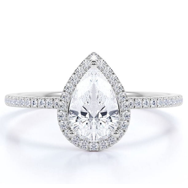JeenMata Anillo de Compromiso de 1 Quilate con Piedra Natal de Abril en Corte de Pera - Anillo de Bodas - Anillo de Halo - Anillo Pavé - Anillo de Promesa - Baño de Oro Blanco de 18 K sobre Plata