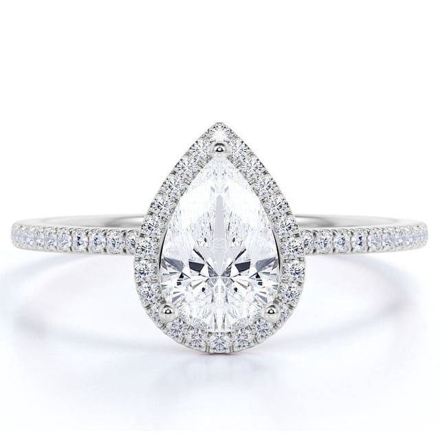 JeenMata Anillo de Compromiso de 1 Quilate con Piedra Natal de Abril en Corte de Pera - Anillo de Bodas - Anillo de Halo - Anillo Pavé - Anillo de Promesa - Baño de Oro Blanco de 18 K sobre Plata
