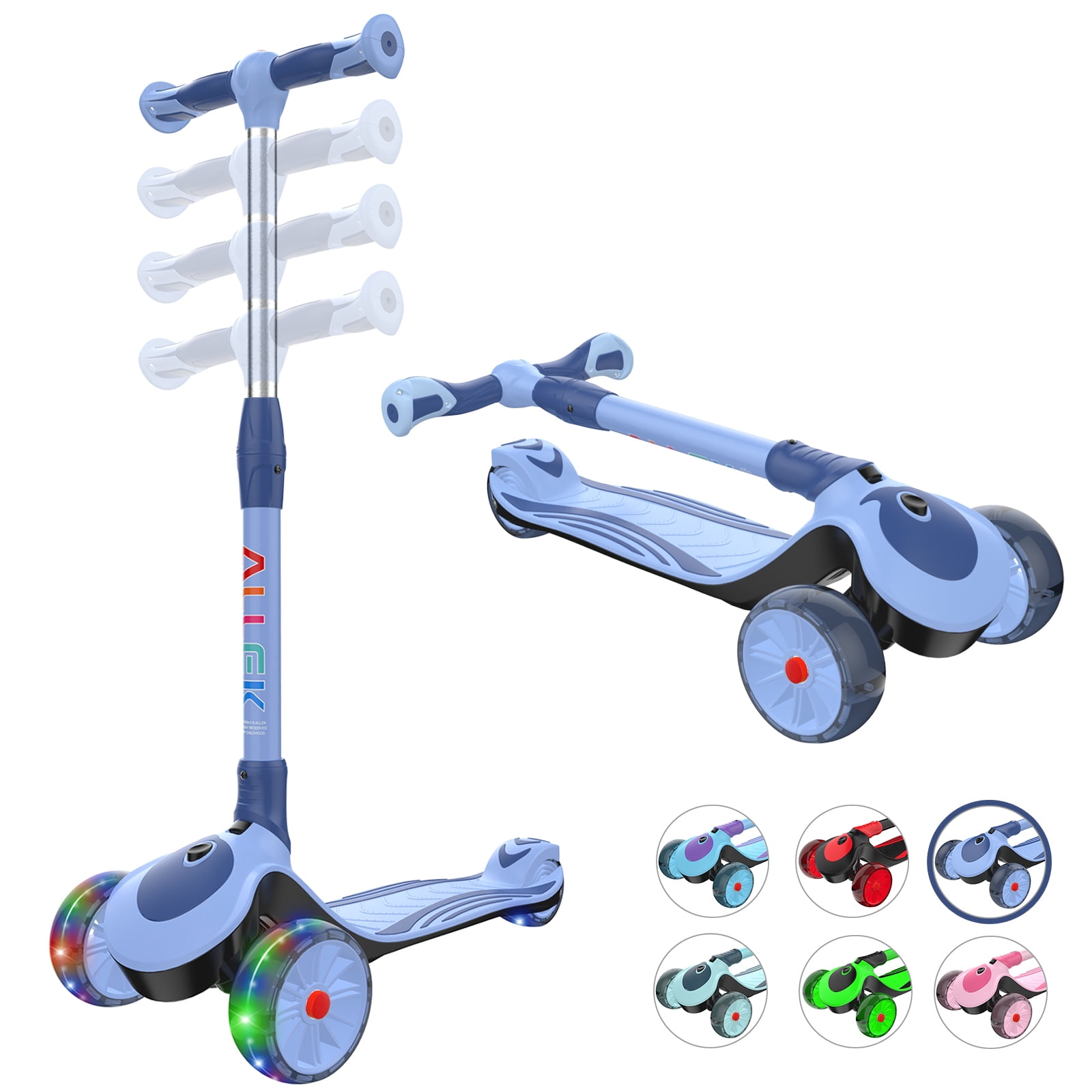 Allek F01 - Patineta plegable para niños, patineta LED de 3 ruedas con  manillar de altura ajustable y plegable, cubierta ancha antideslizante de  doble
