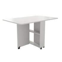Folding Wheeled Drop Leaf Table with Storage, Space Saving Dining Table, White