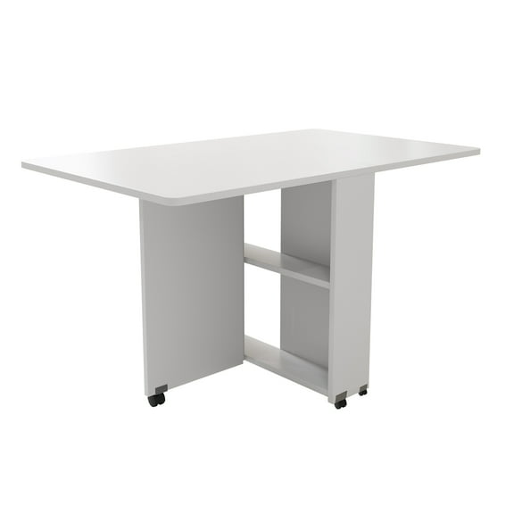 Folding Wheeled Drop Leaf Table with Storage, Space Saving Dining Table, White