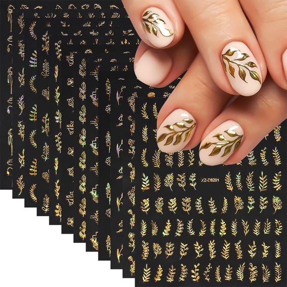 RAGUPEL Fall Gold Leaf Nail Stickers - 12 Sheets Self-Adhesive | Plant Design Decals for Diy Manicure - Leaf Nail Art Supplies for Women Gold Nail Stickers Self-Adhesive