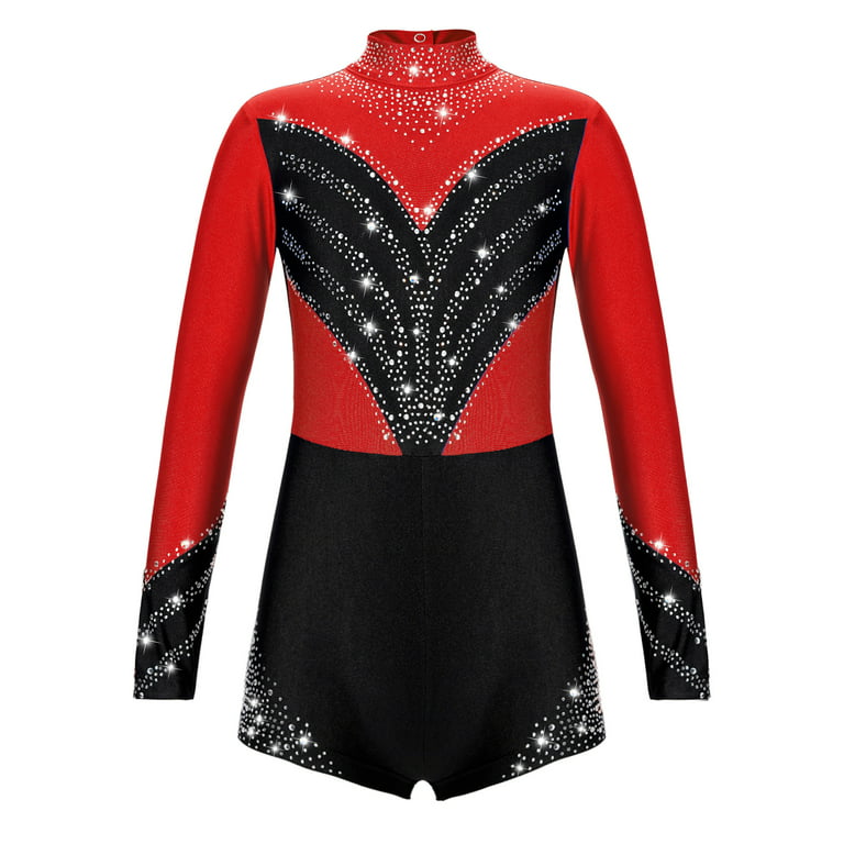 YIZYIF Girls Metallic Sequins Gymnastics Leotard Long Sleeve Mesh Splice Bodysuit  Unitard Ballet Dancewear Red 10 