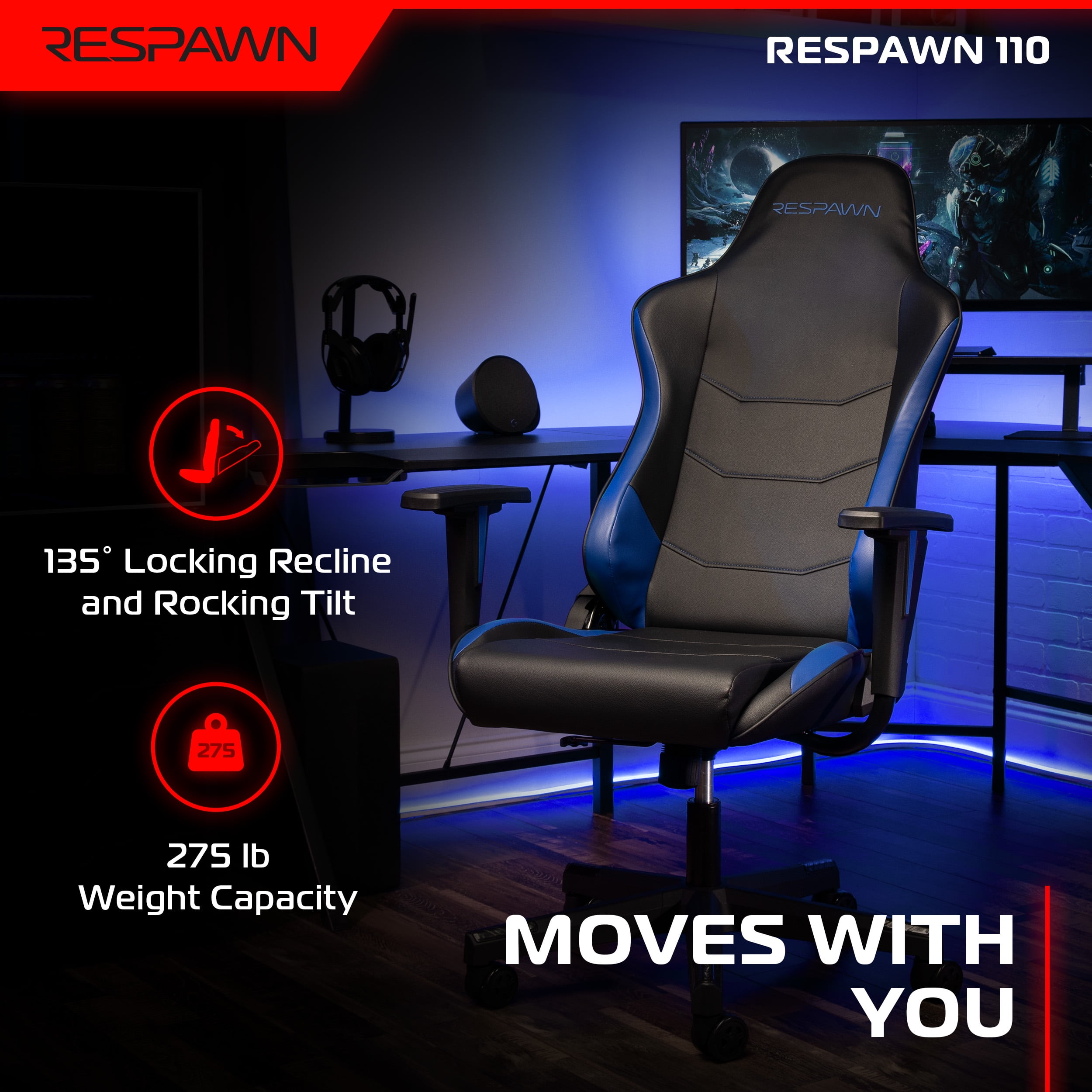 RESPAWN 110 Ergonomic Gaming Chair - Reclining Office Video Game Swivel Chair with Lumbar Support, Headrest, Heavy Duty, High Back, Racing Style Gaming Recliner Seat for Computer Gamer - Blue
