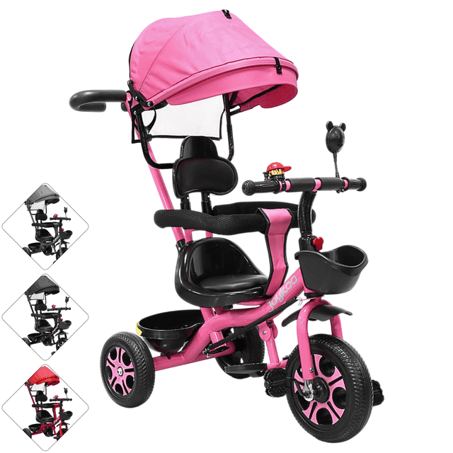 Triciclo Infantil JOYKOO con Toldo Protector y Bastón Dirigible Asiento Acolchado Barras de Seguridad Timbre para Niños 2 Años - Rosa