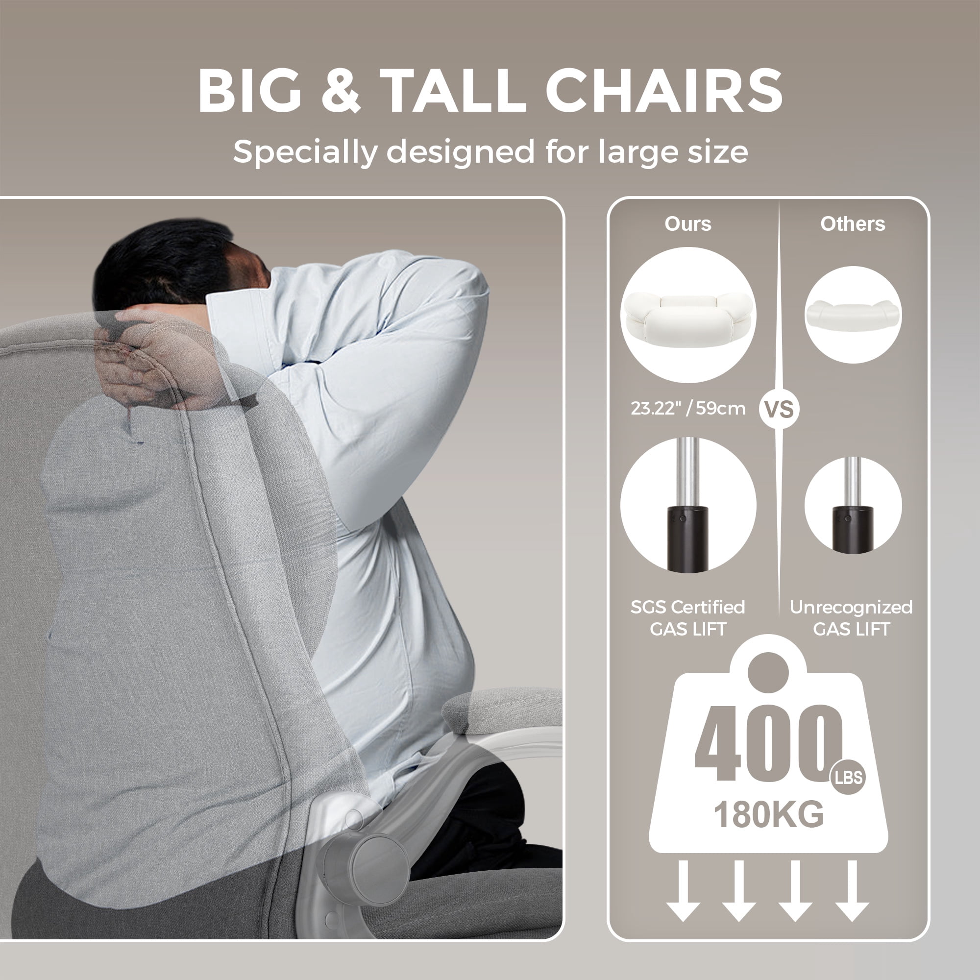 Gray Executive Office Chair, Ergonomic Big and Tall Computer Desk Chair, High Back with Padded Flip-up Armrest, Lumbar Support Swivel Rolling Chair
