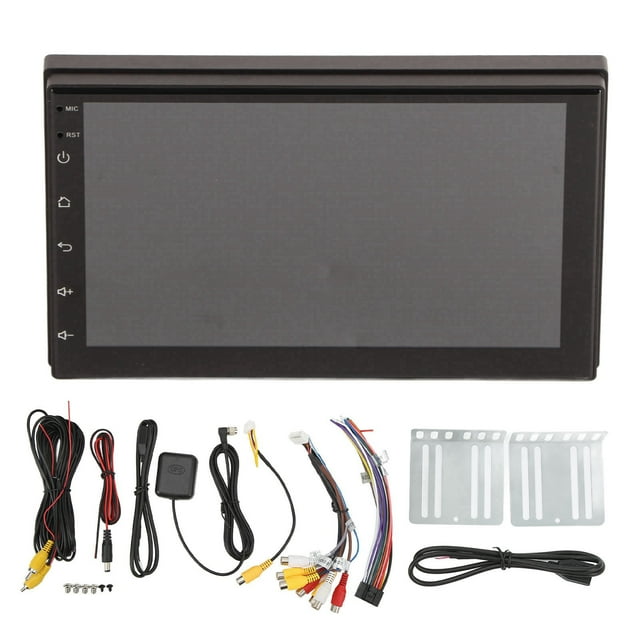 estéreo de coche ticfox para android 11 7in ips pantalla táctil hd 1080p 4g 32gb navegación gps con cámara de 12 luces led vista frontal del estéreo con pantalla táctil IPS de 7 pulgadas y botones táctiles a la izquierda; debajo, accesorios alineados: antena GPS cuadrada, cámara con conector RCA amarillo y cable, arnés principal de cables con conectores, dos cables USB, entradas y salidas RCA, soportes metálicos de montaje y cable de alimentación. Compatible con control de volante, Bluetooth y Mirror Link para Android e iOS, pensado para instalación en tablero como unidad multimedia principal.