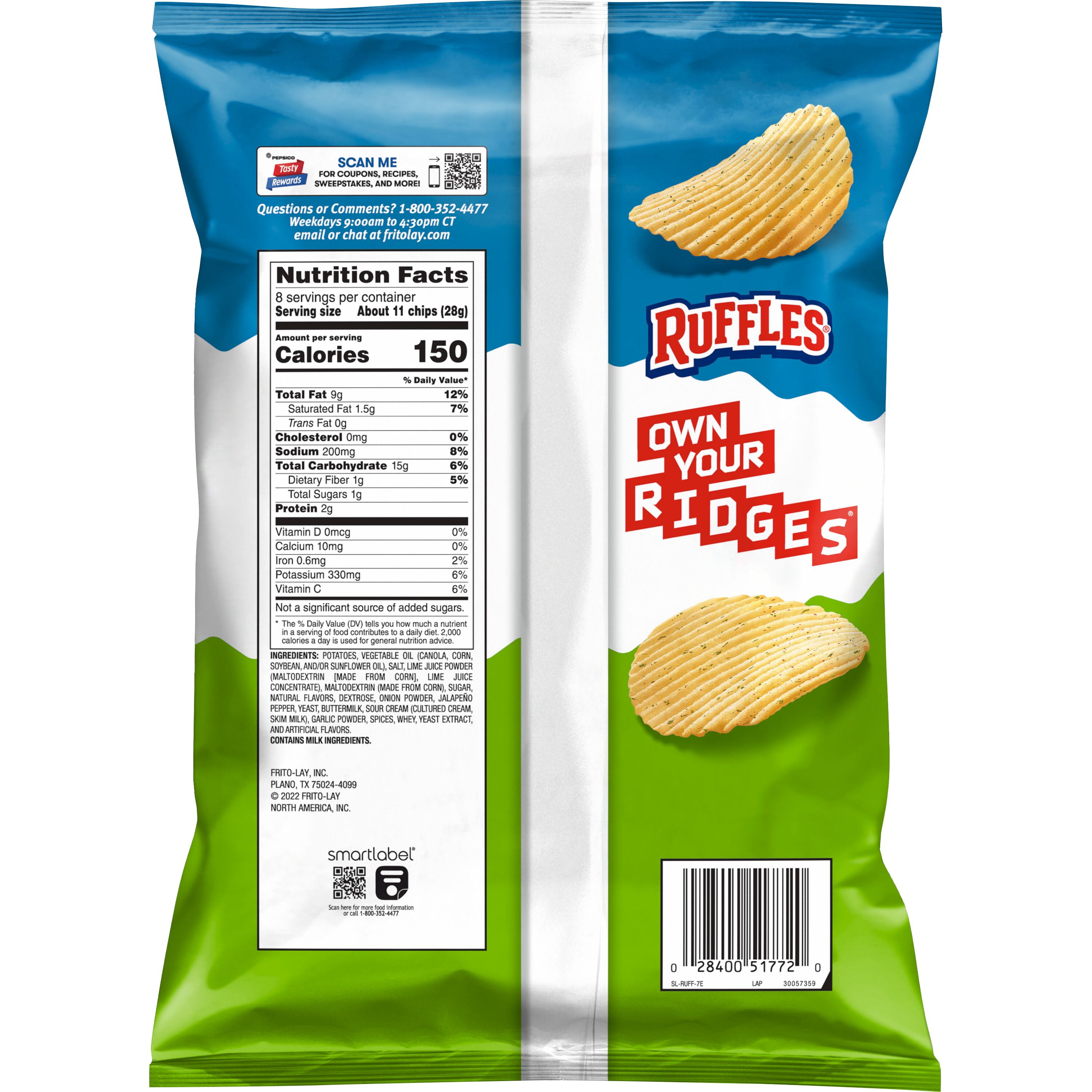 Ruffles Potato Chips Lime & Jalapeno Flavored 8 Ounce Bag