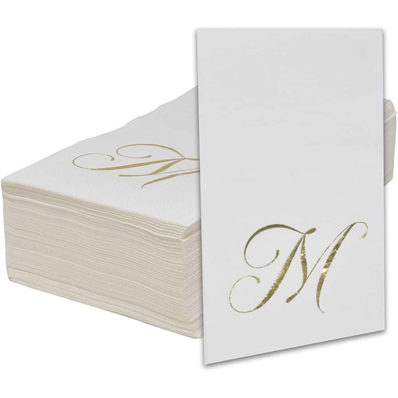 Gift Boutique Monogram Guest Napkins Letter M, Gold Foil Disposable Paper Napkins, 100 Count, 15 x 12.75 in, White, Wedding Party Bathroom Decor
