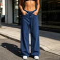 thumbnail image 4 of Womens Wide Leg Baggy Jeans Stretchy High Waist Denim Pants Straight Leg,with Pockets,Denim Fabric,Adjustable Cinched Waist,Full Length, Loose Fit,Casual, 4 of 6