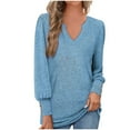 thumbnail image 2 of AXXD Blue Basic Casual Tops for Women Summer 2024 Trendy Long Sleeve Solid Color Comfortable Breathable V-Neck Shirt Tops, 2 of 9