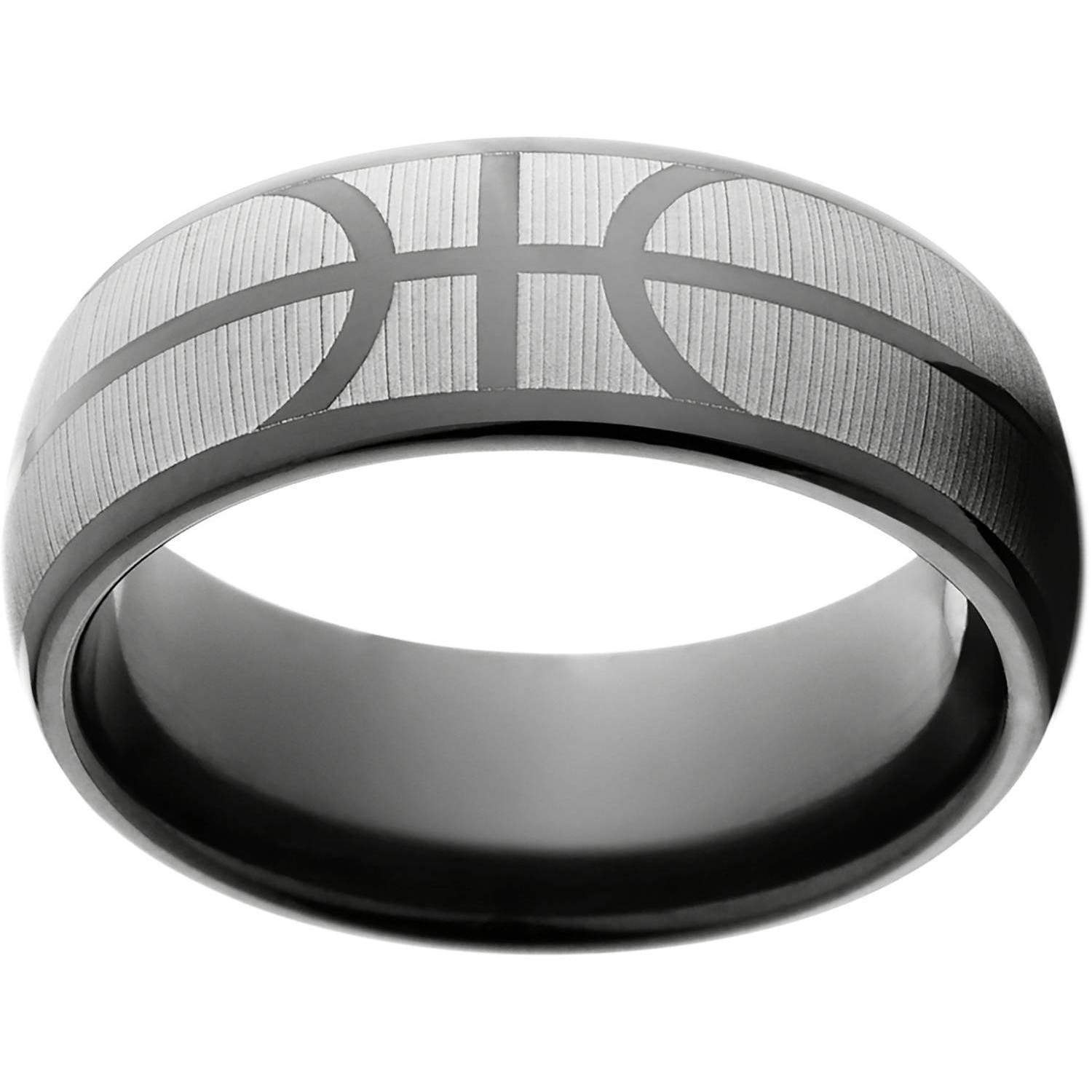 8mm Half-Round Black Zirconium Ring with a Basketball Laser