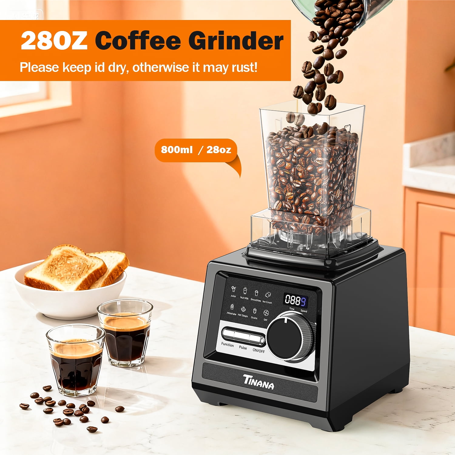 TINANA 1800W Countertop Blender and Grinder Combo, 68 oz Smoothie Maker with 27 oz Coffee Grinder, Ice Crusher, Frozen Fruit, Black