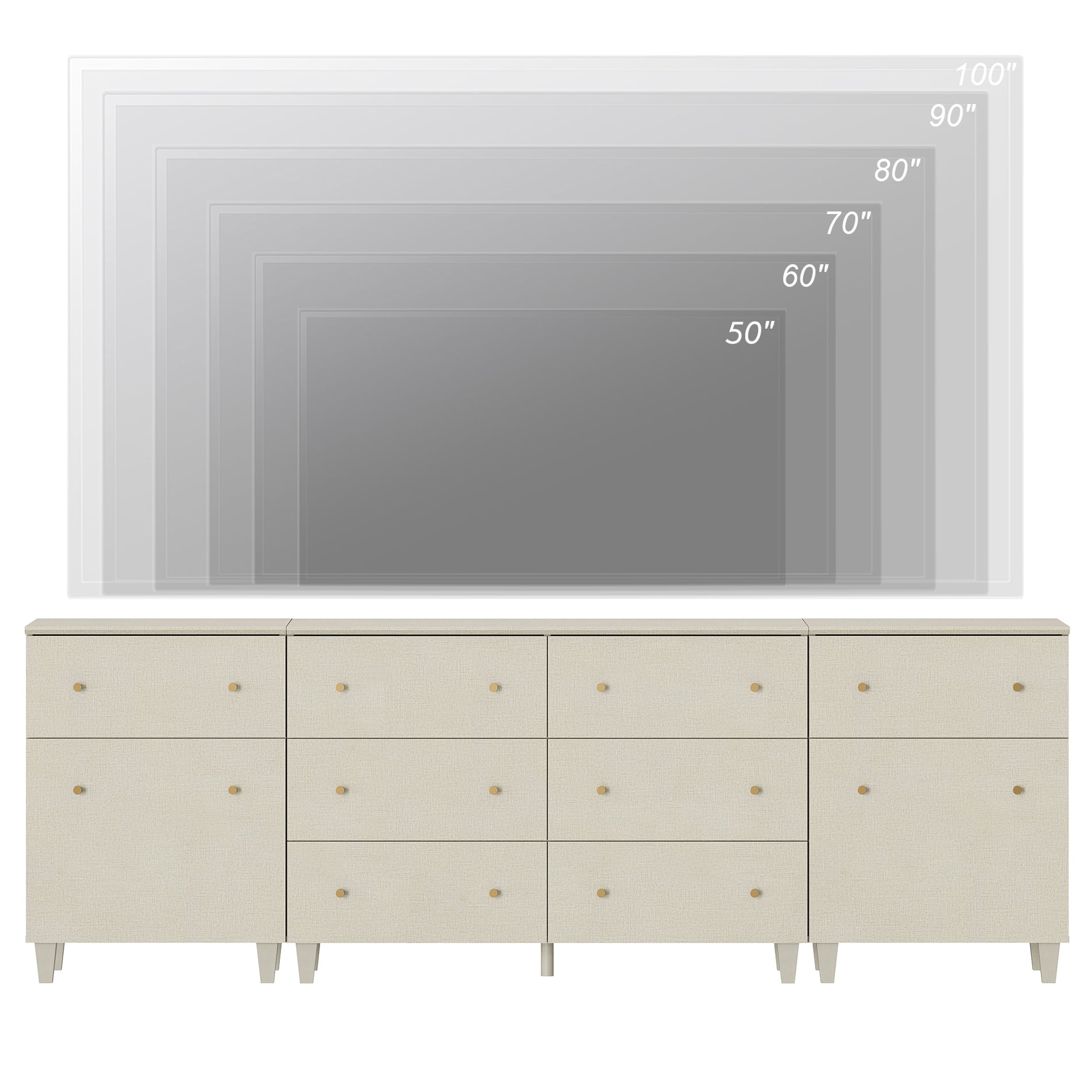 WAMPAT TV Stand for 100+ Inches TVs, 3-in-1 Modern Wooden Media Console with 8 Spacious Drawers and 2 Storage Cabinets for Living Room, Beige