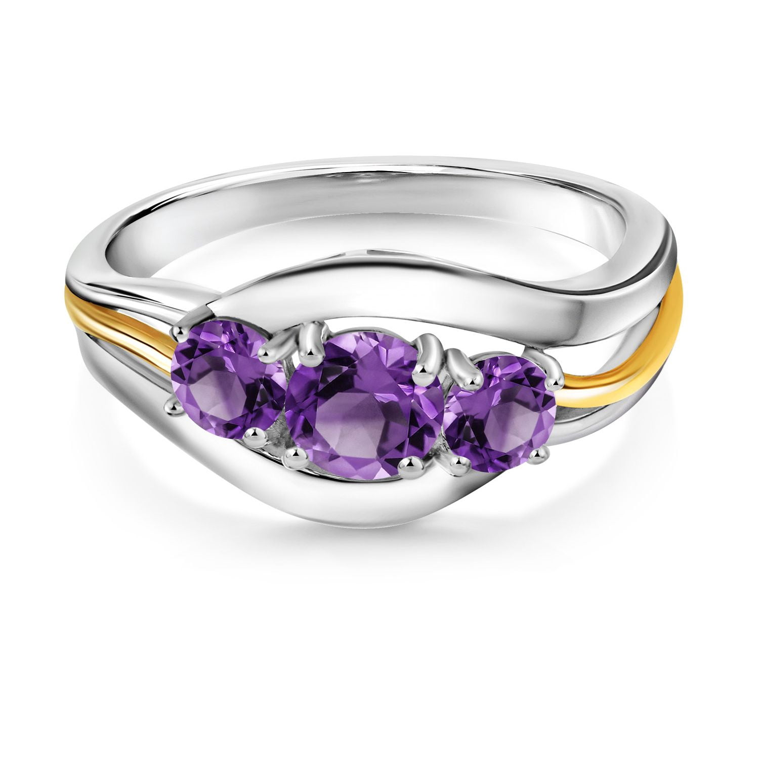 Gem Stone King Purple Amethyst 3 Stone Ring for Women | 925 Sterling Silver and 10K Yellow Gold | 0.98 Cttw | Round 5MM and 4MM | Wedding Engagement Anniversary Promise Ring for Women | Size 7