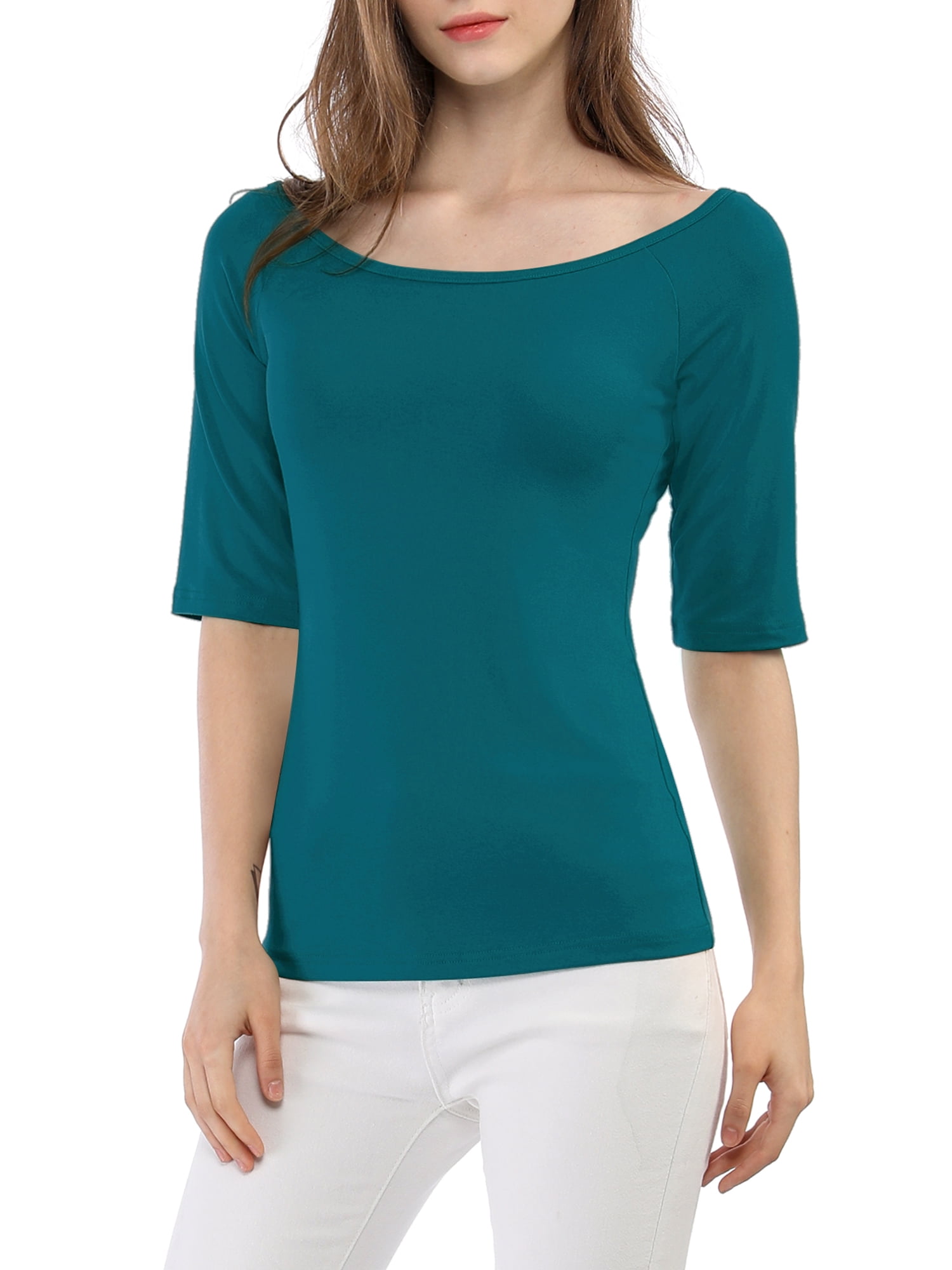 DARING DIVA Women's Slim Fit Pullover Boat Neck Stretchable T-Shirt L Blue Green