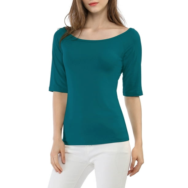 INSPIRE CHIC Camisetas de Cuello Barco para Mujeres de Manga Corta Ajustadas Suaves T-Shirt XL Azul Verde