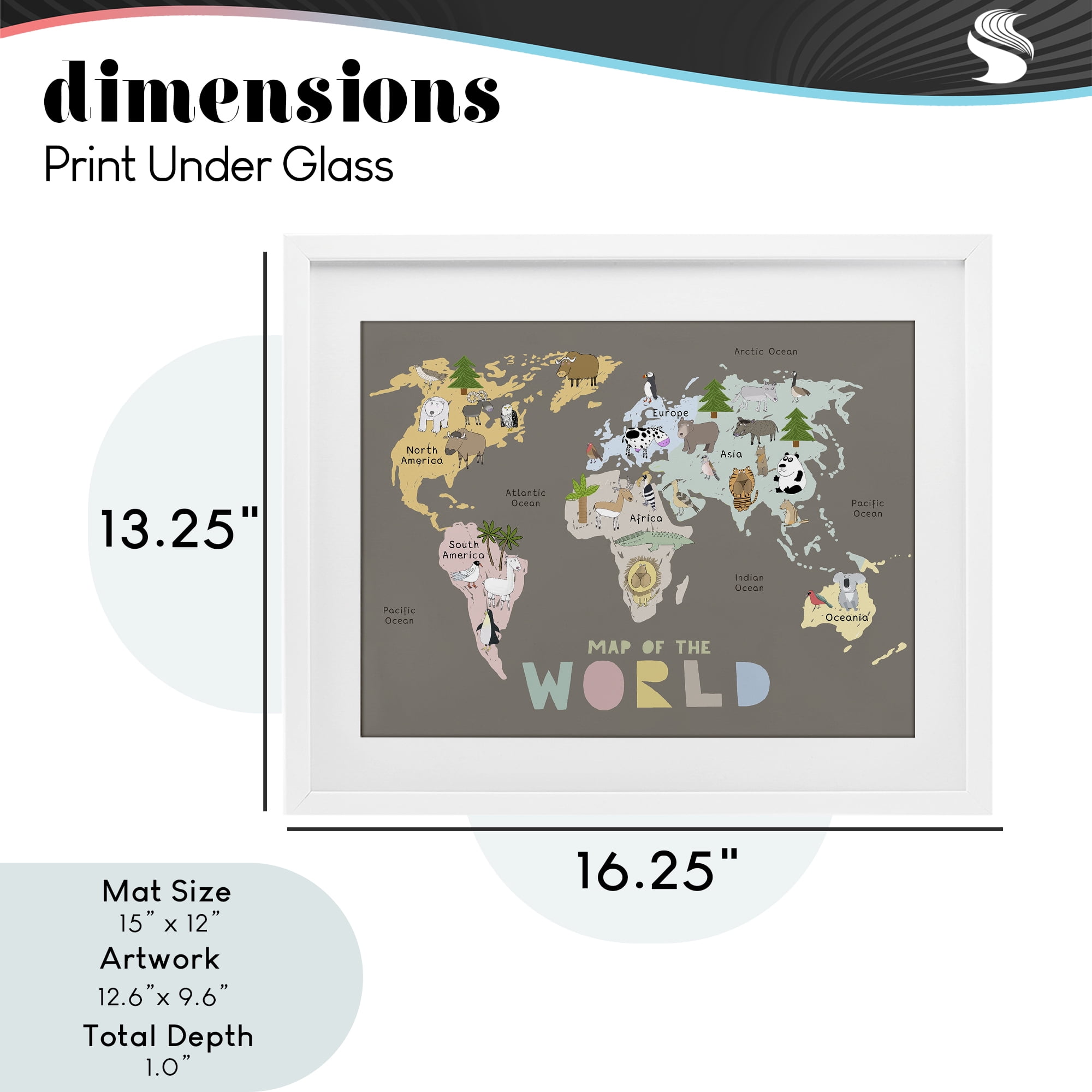 Kid's Map Of World Brown White Framed Print Under Glass, design by Carla Daly