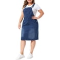 thumbnail image 4 of Agnes Orinda Women's Plus Size Denim Overalls Dress Vintage Adjustable Strap Pinafore Back Slit Casual Midi Bib Jean Dress with Pockets 1X Dark Blue, 4 of 6