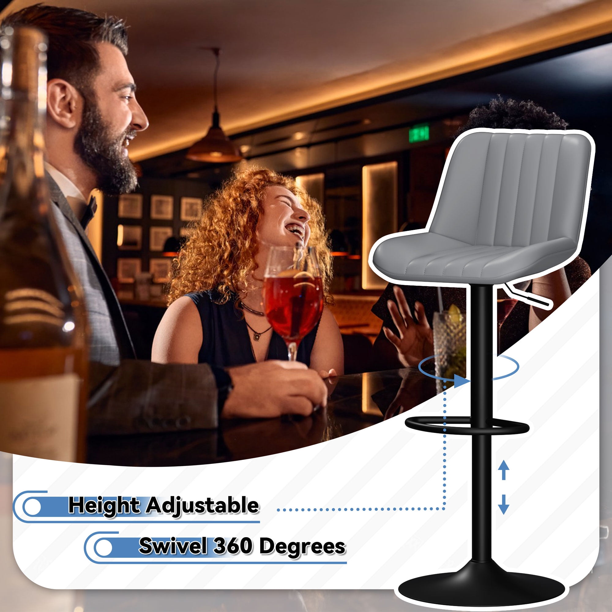 Walsunny Adjustable Bar Stools Set of 2 Leather Upholstered Swivel Counter Stools Counter Height Bar Stools with Large Base, Room Bar, Grey