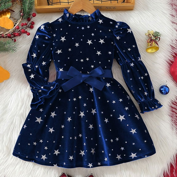 FAOWME Big Kids Girls Plush Dress Long Sleeve Star Print Ruffle Hem Bow Tie Belt Stylish Elegant Dresses For Autumn Winter Holiday Party Blue 3-4 Years