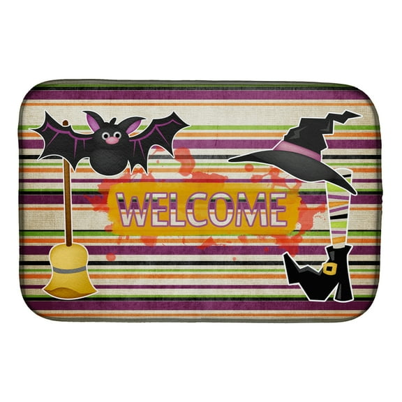 Witch Costume and Broom on Stripes Halloween Dish Drying Mat