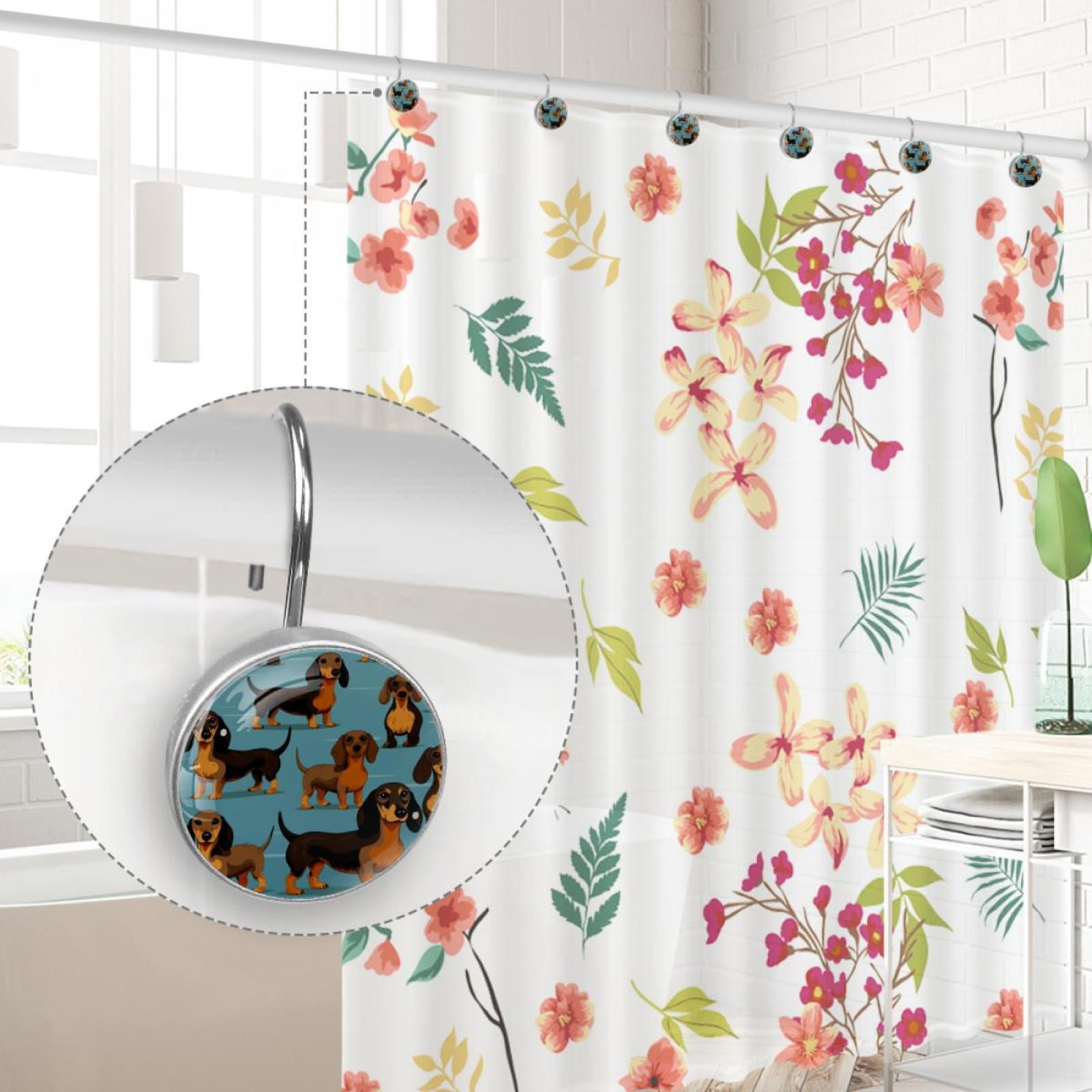 Dachshund Shower Curtain Hooks （Set of 12） for Home Hotel Shower Rods Bathroom Crystal Glass Print Stainless Steel Round Curtain Hooks