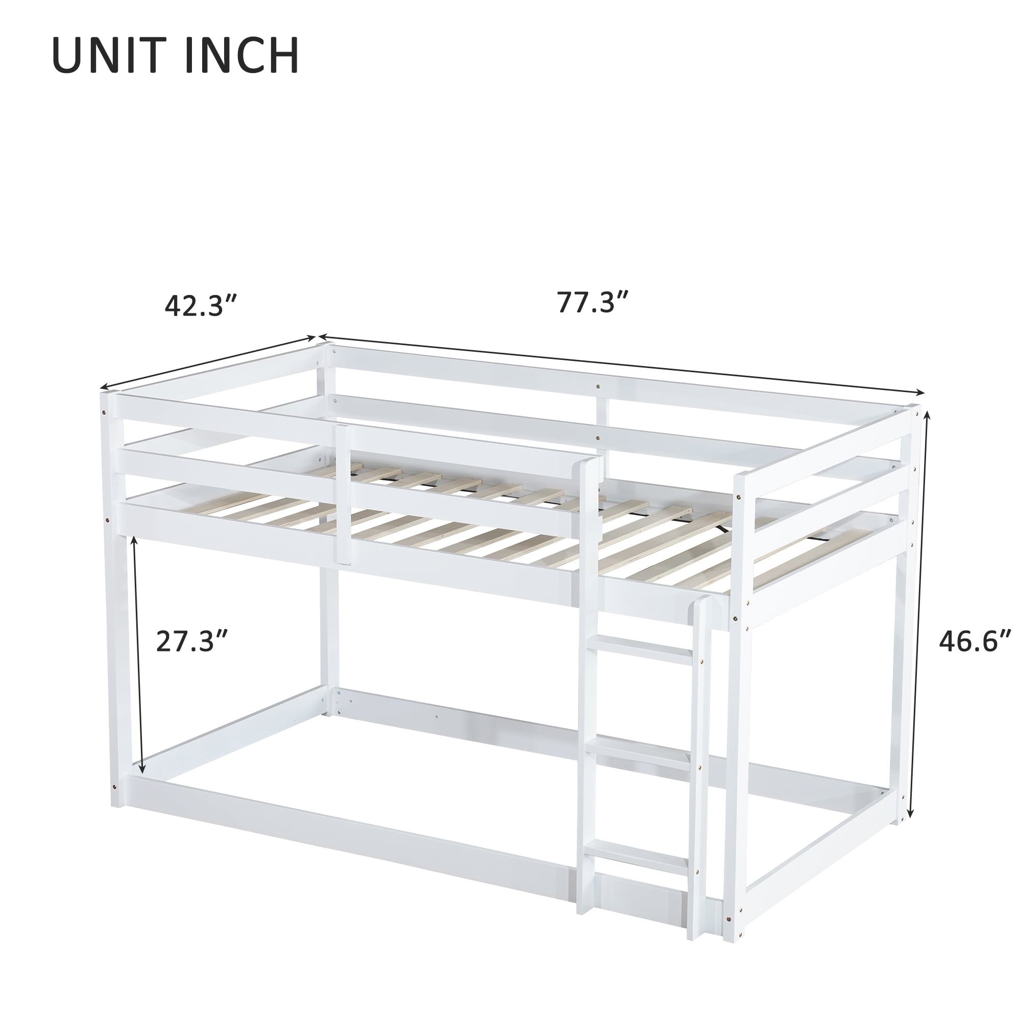 Solid Wooden, Solid Rubber Wooden Twin over Twin Floor Bunk Bed with Ladder, with Bed Platform of Strengthened Slats,White