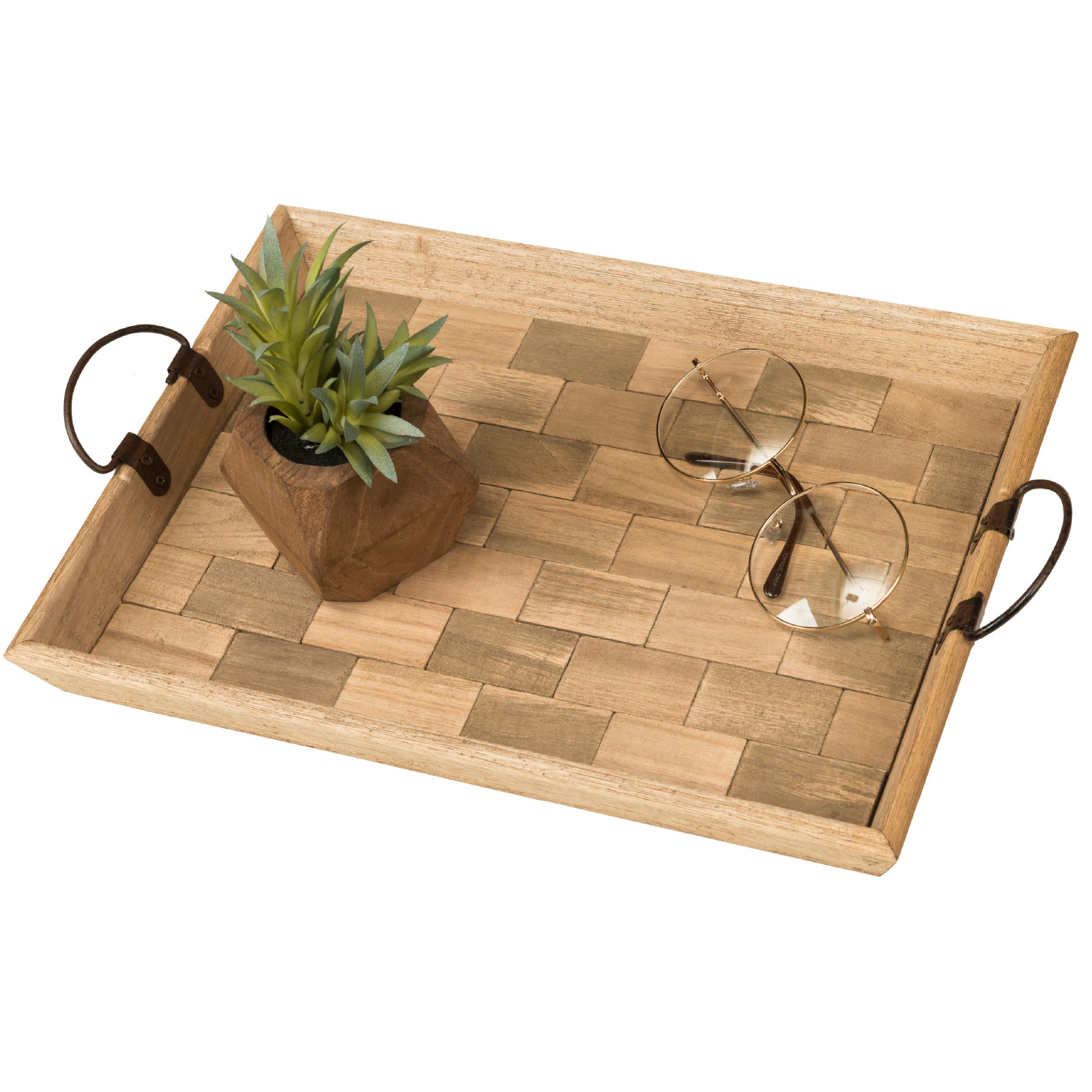 Handcrafted Wood Serving Tray 14"x10" with Metal Handles and Brick