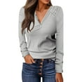thumbnail image 3 of Long Sleeve T Shirt Women Cotton Women's Solid Color Buttoned V Neck Loose Fit Long Sleeve Basic Top Grey, L, 3 of 6