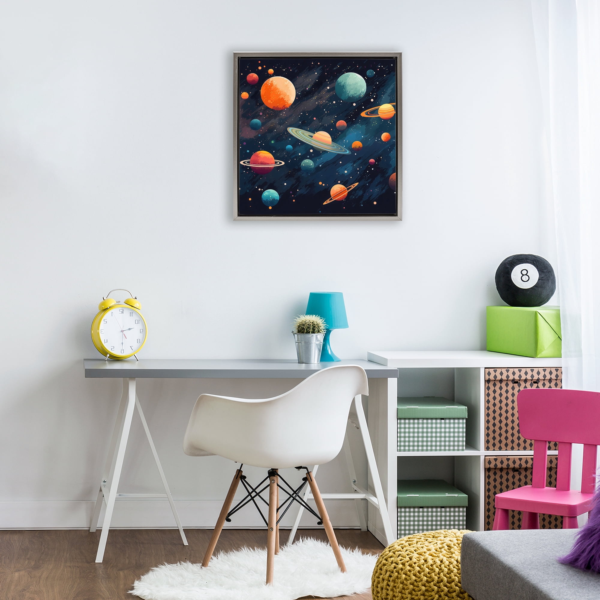 Stupell Industries Orange & Blue Planets in Orbit Gray Framed Floater Canvas Wall Art, design by Creative Studio