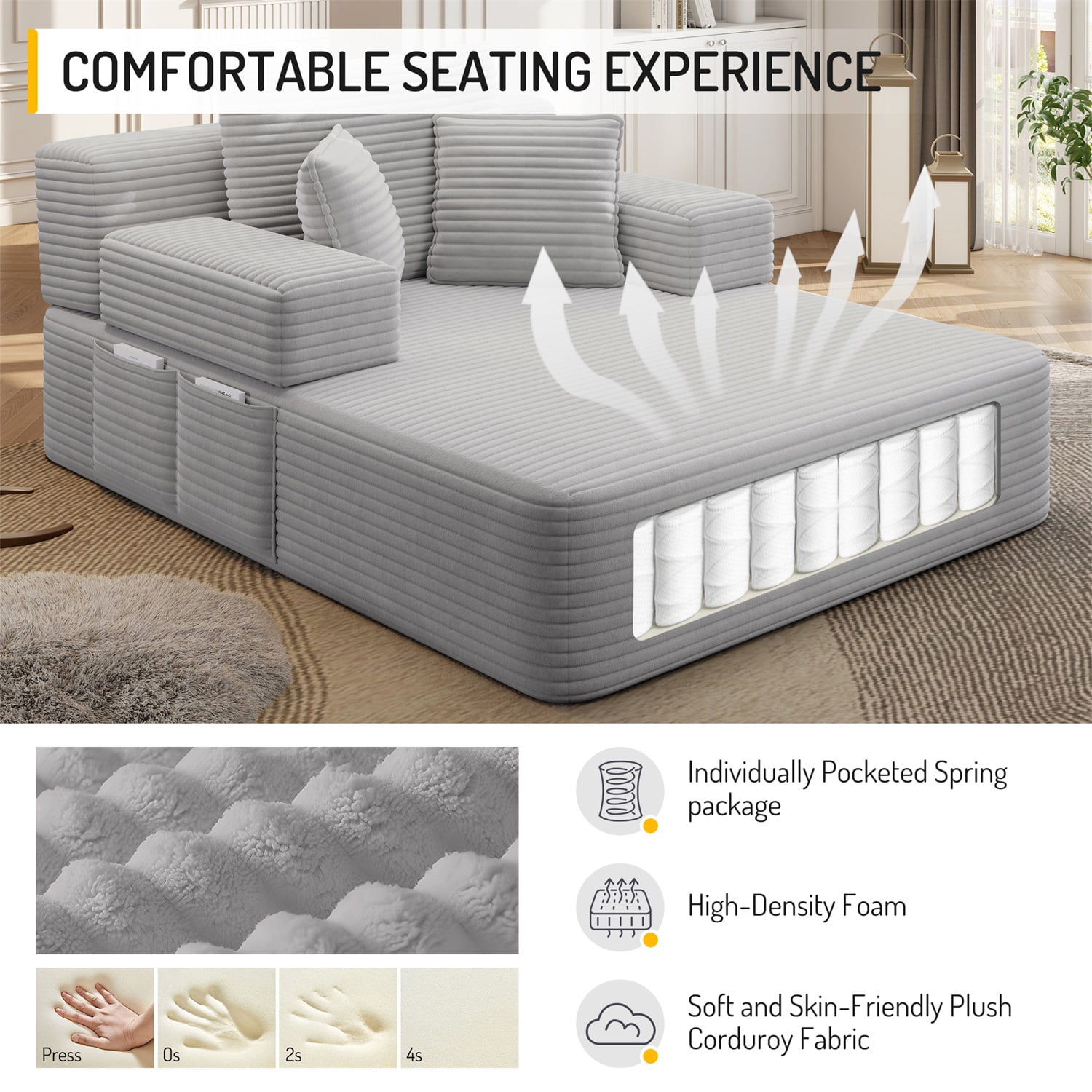 Hommoo Luxurious Plush Corduroy Chaise Lounge with 3 Pillows & Storage Pocket, Convertible Sofa Couch Bed Sleeper with Frameless Design & Compression Foam, Light Grey
