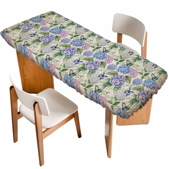 Purple Hydrangea Table Cloths for 8 Foot Rectangle Tables, Spring Floral Elegant Pastoral Vintage Patio Waterproof Elastic Fitted Tablecloths, Washable Rectangular Table Cover for Camping