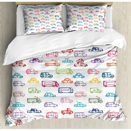 Bright Colored Bedding Sets Cars Duvet Cover Set, Various Types of Vehicles Bus Truck Garbage Truck Sports Car Vibrant Colored Design, Decorative Bedding Set with Pillow Shams, Multicolor, by Ambesonne ()