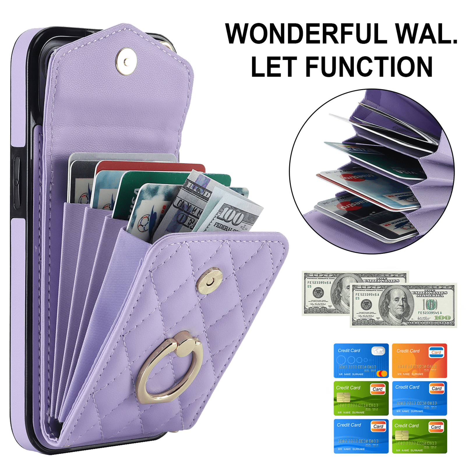 Asuwish Wallet RFID Blocking PU Leather Cell Phone Case with Tempered Glass Screen Protector, Wrist Strap for iPhone 15 Plus, Purple