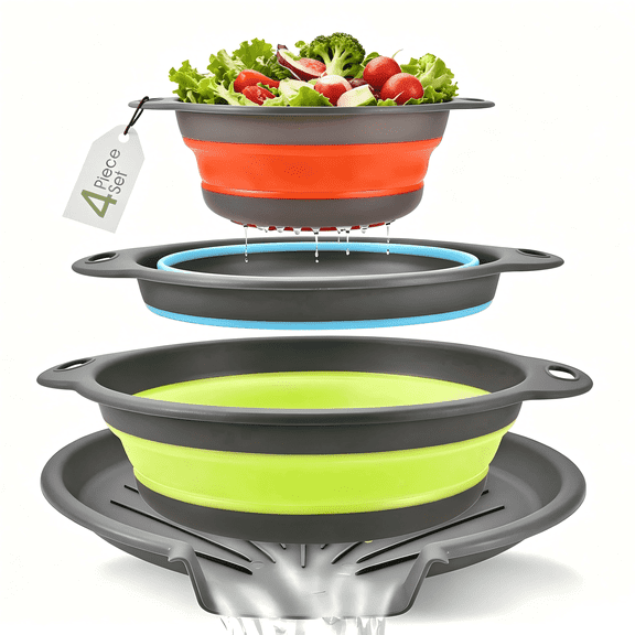 Collapsible Colanders with Self-Draining Base for Edge of Sink, Food Strainers (Small/Med/Large), Nested Design for Easy Storage (Red, Blue, Green) (4PC Set)