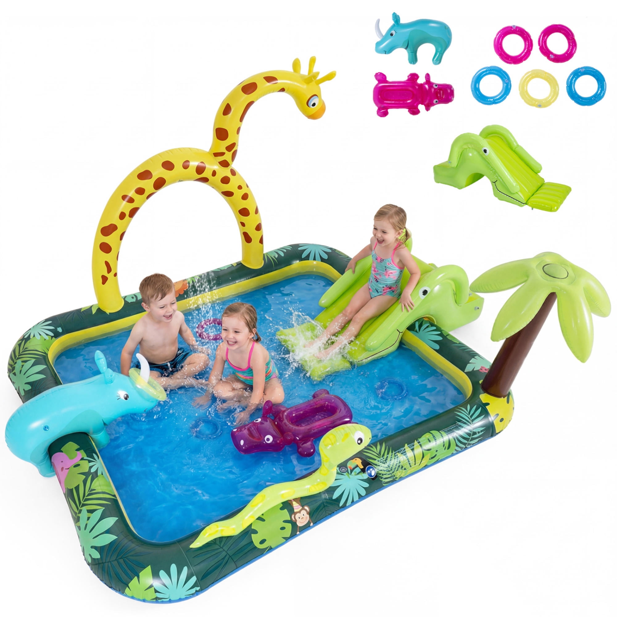 Inflatable Jungle Animal Spray Pool Play Center with Slide & Giraffe Sprinkler, Outdoor Kids Water Pool for Toddlers 2-6, Backyard Summer Water Fun
