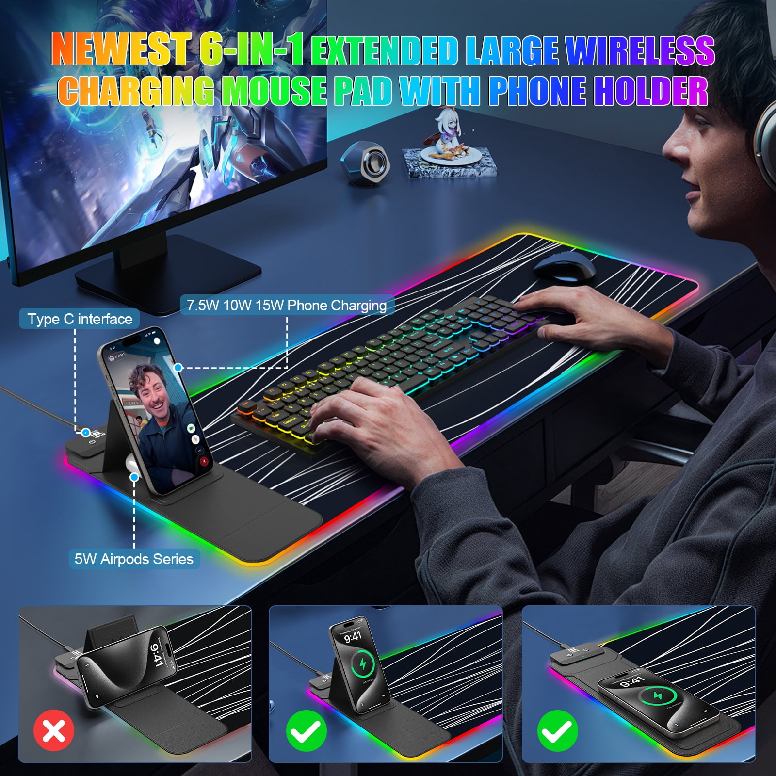 Miroddi RGB Gaming Mouse Pad with Wireless Charger, LED Mouse Mat with Phone Holder, Ultra-Smooth Surface, Non-Slip Rubber Base, Waterproof Keyboard Pad