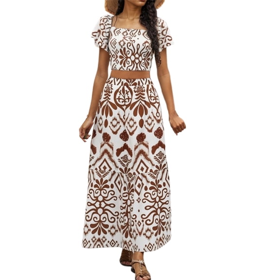 DHFJKG 2 Piece Skirt Sets For Women Boho Beach Vacation Clothes Summer Outfits Casual Short Sleeve Square Neck Crop Top Maxi Skirts Set Resort Wear Soft Outfit