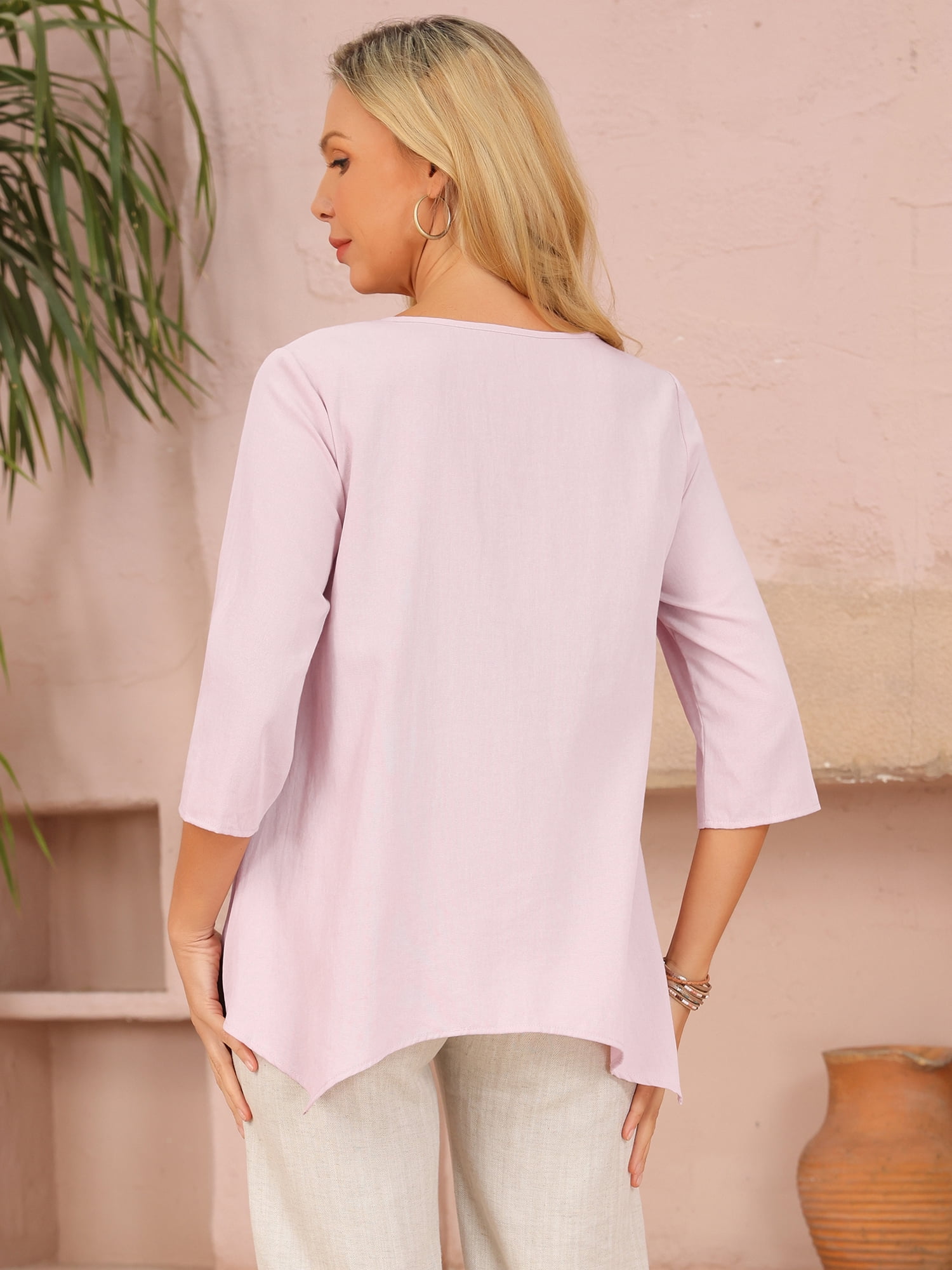DARING DIVA Women's 3/4 Sleeve Crewneck Asymmetrical Hem Loose Shirt S Pink