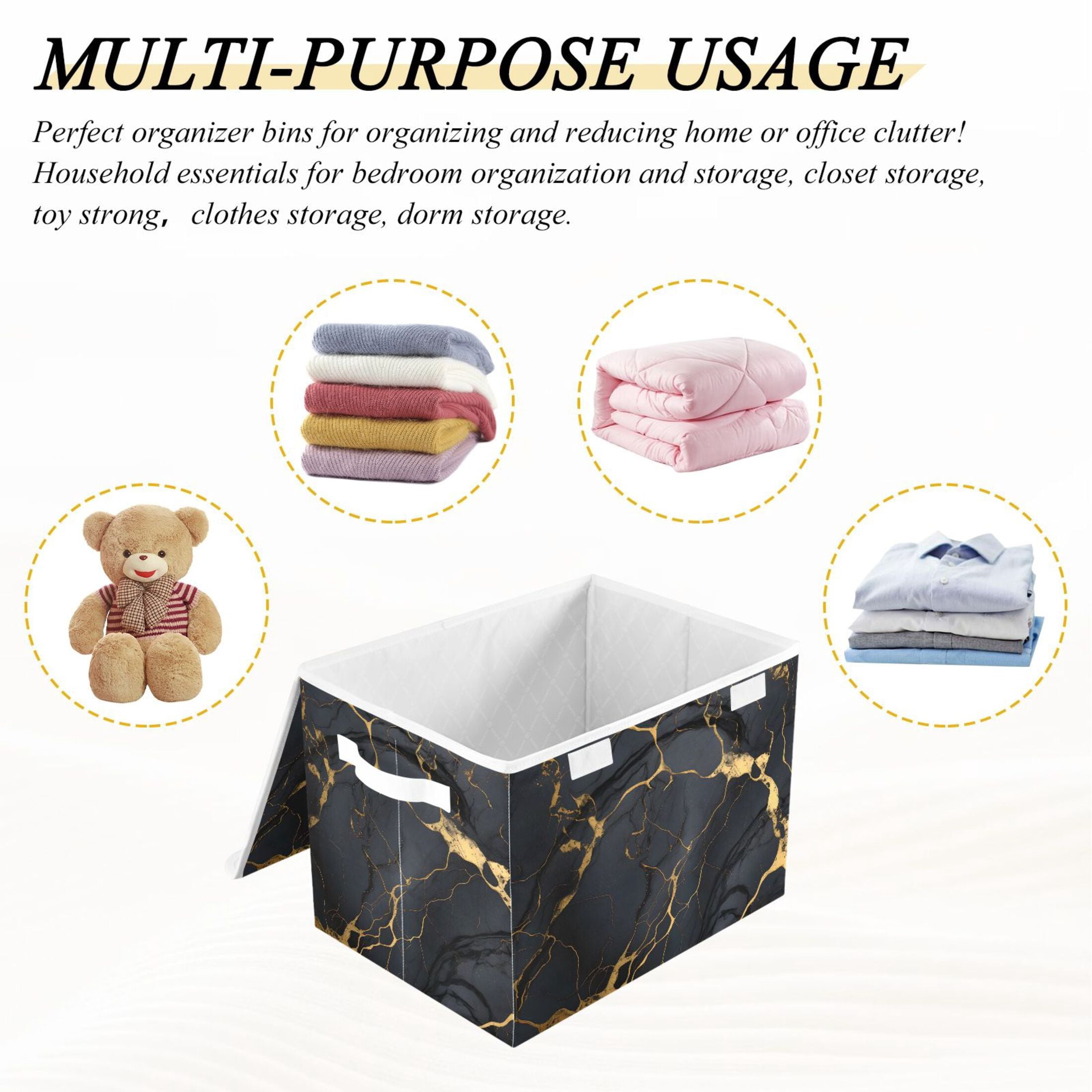 Black and Golden Marble Large Lidded Bin Foldable Storage Baskets Boxes Cubes Lids with 2 Handles for Home Bedroom Office 16.5x12.6x11.8inch