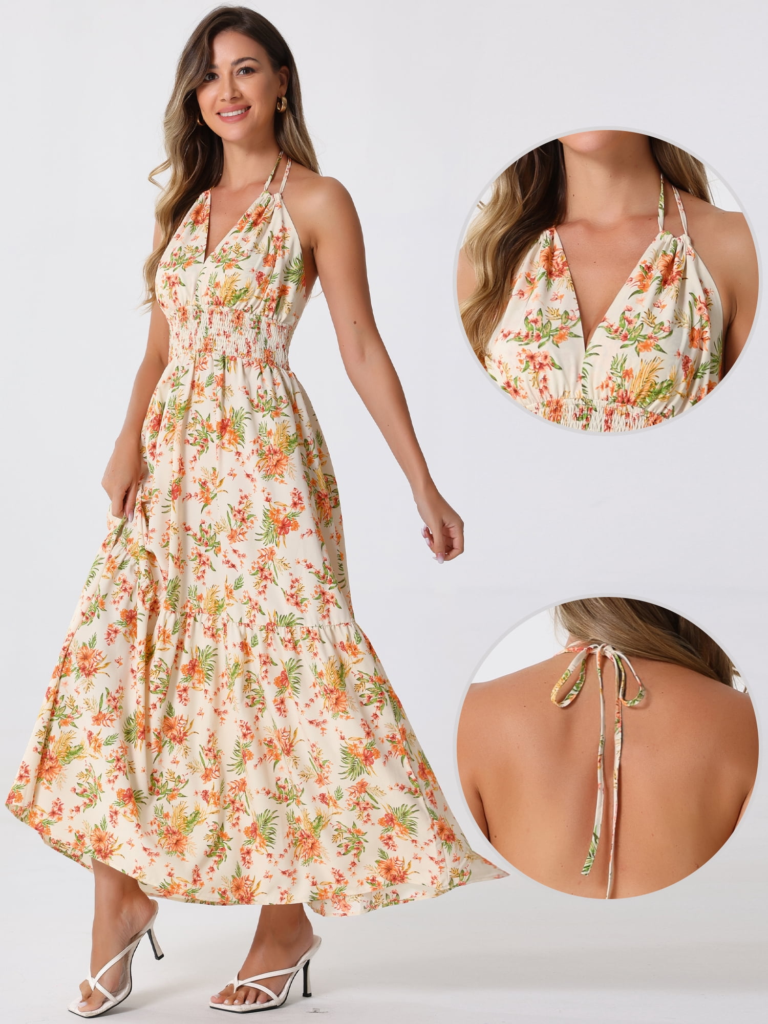 DARING DIVA Women's Halter Sleeveless Boho Floral Maxi Dress XL Apricot