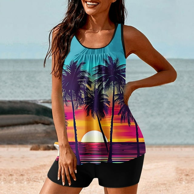 Traje de baño de dos piezas para mujer, trajes de baño para mujer, traje de baño de dos piezas con espalda de tirantes y estampado conservador para mujer, vestido de baño para mujer