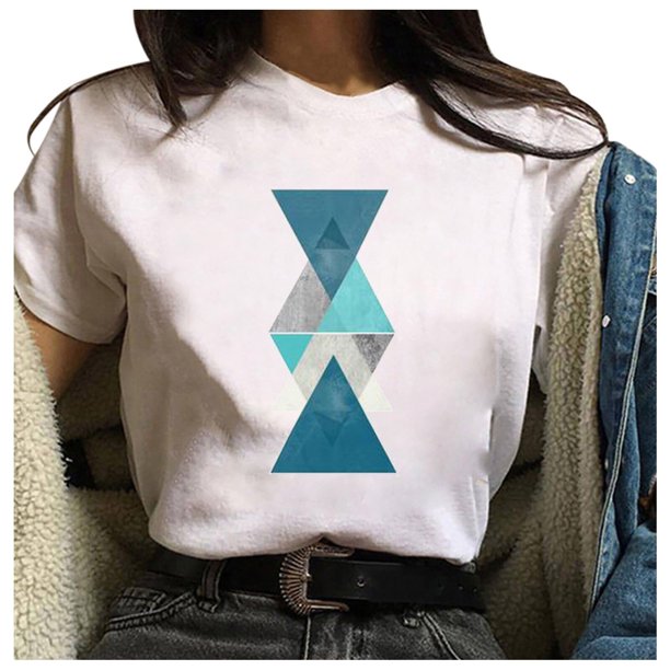 Puntoco Camiseta suelta de cuello redondo para mujer con estampado gráfico geométrico de moda para mujer Puntoco Puntoco-20